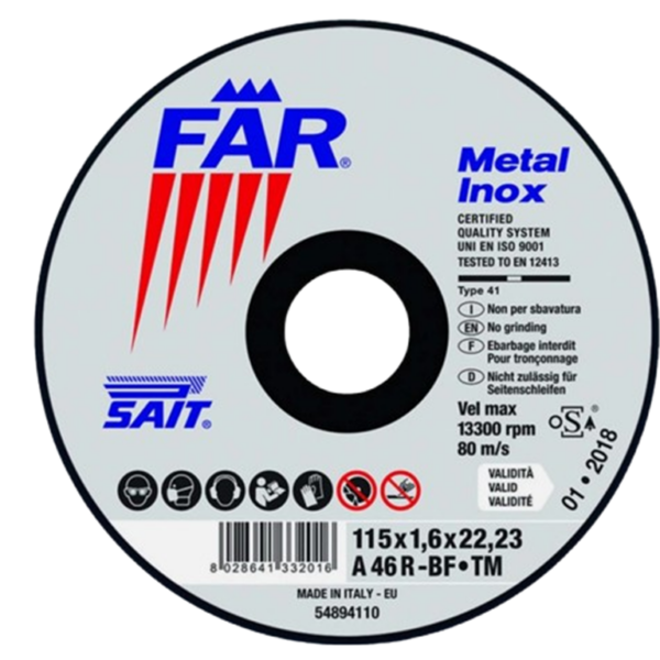 Disco per smerigliatrice da Taglio per Metalli Inox FAR-TM mm.115x1,0x22,23 grana 60R  Sait