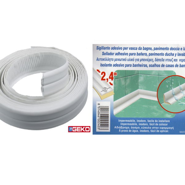 Guarnizione Adesivo PVC Bianco mm.22x.2,4mt per Vasche-Box Doccia-Lavandini  Geko
